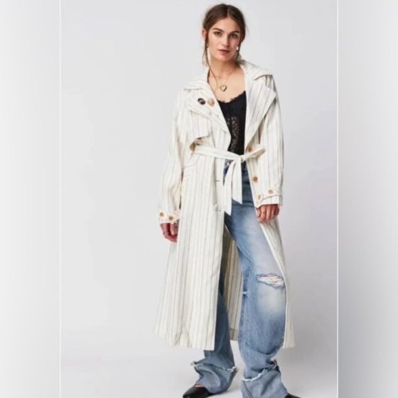 We The Free Jackets & Blazers - Free People Melia Mac Linen Duster Trench Coat Womens XS White Tan Pinstripe